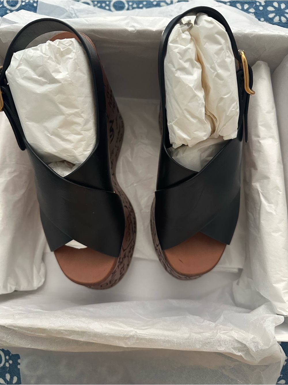 Chloe Black Leather Crisscross Sandals with Branded Wedge Platform